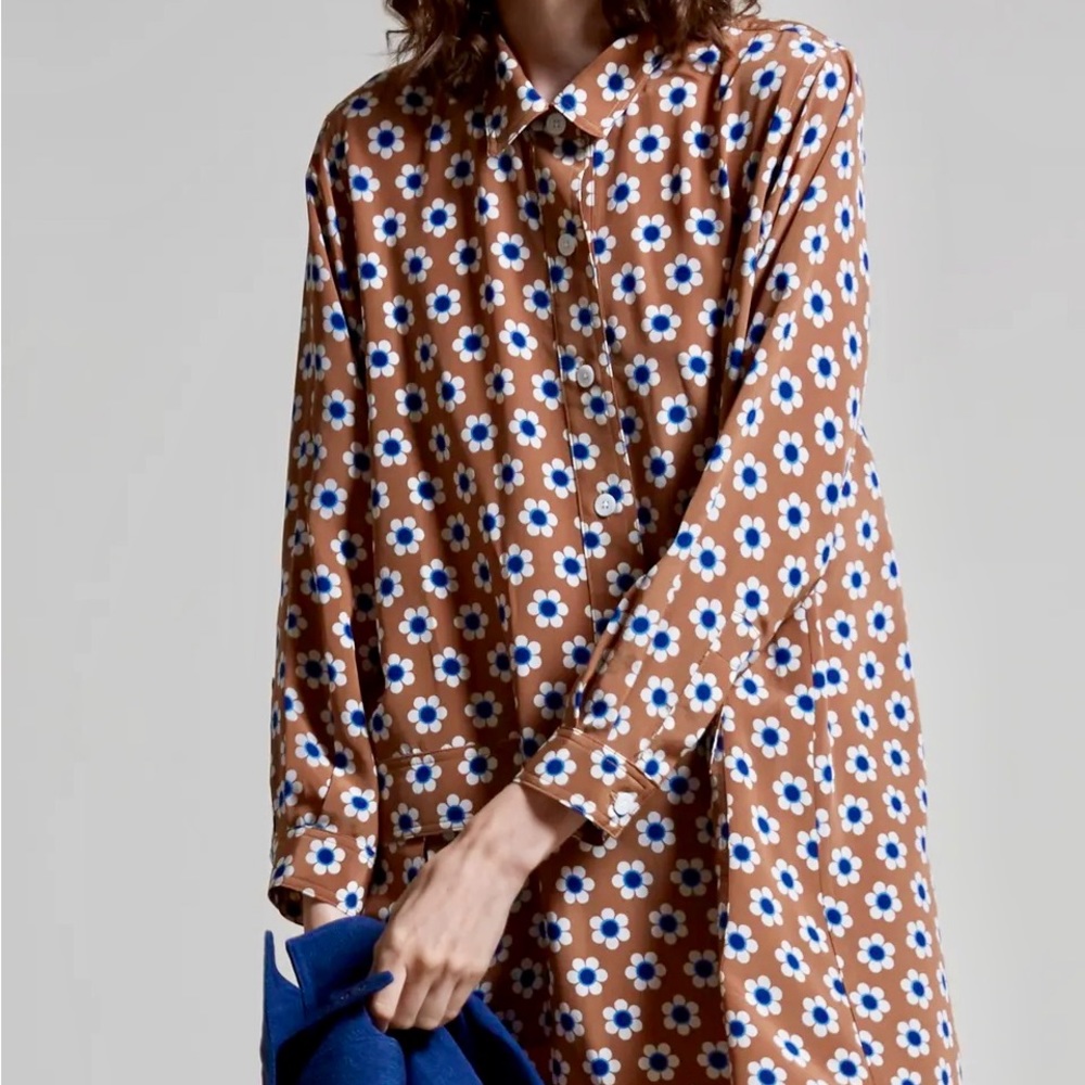 No. 6 Store Deep Tan/Navy Daisy Silk Button Up Mini Shirt Dress, sz M